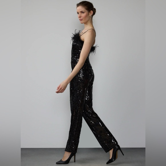 Feather Trim Sequin Jumpsuit - Picture 2 of 4